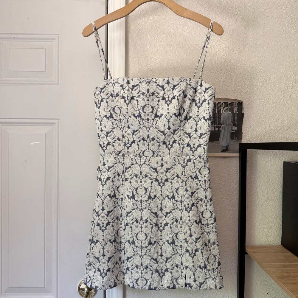REFORMATION navy white floral tapestry brocade square sleeveless mini dress